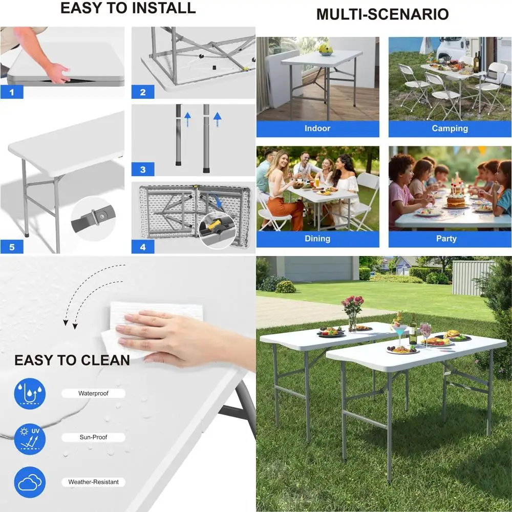 

Портативный белый пластиковый складной стол длиной 4 фута с замком и ручкой для переноски, идеально подходит для улицы и в помещении, идеально подходит для кемпинга, вечеринок