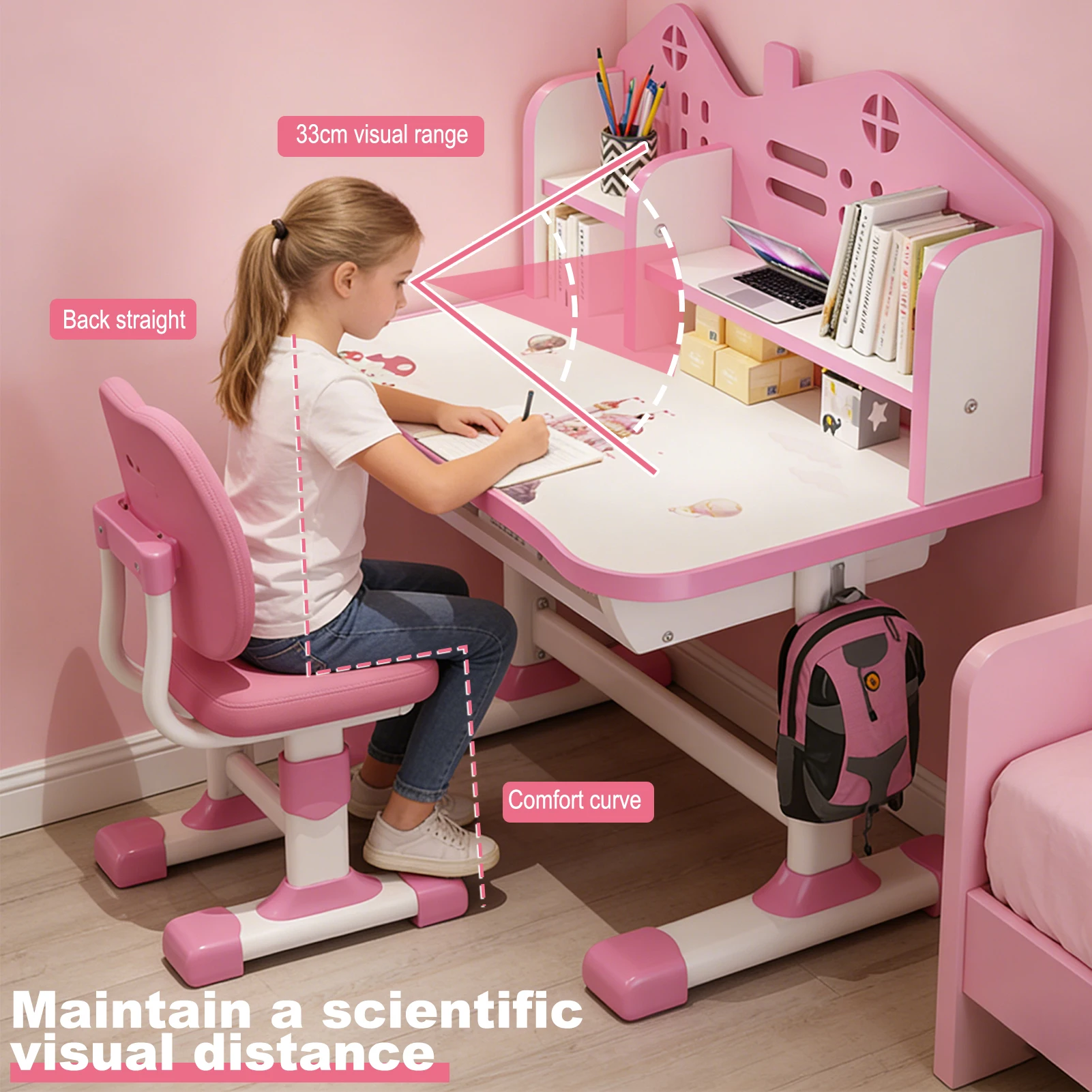2Pcs Set Kids Bookstand Desk Chair Cartoon Pattern Adjustable Height Study Desk Table With Chair Set view 2