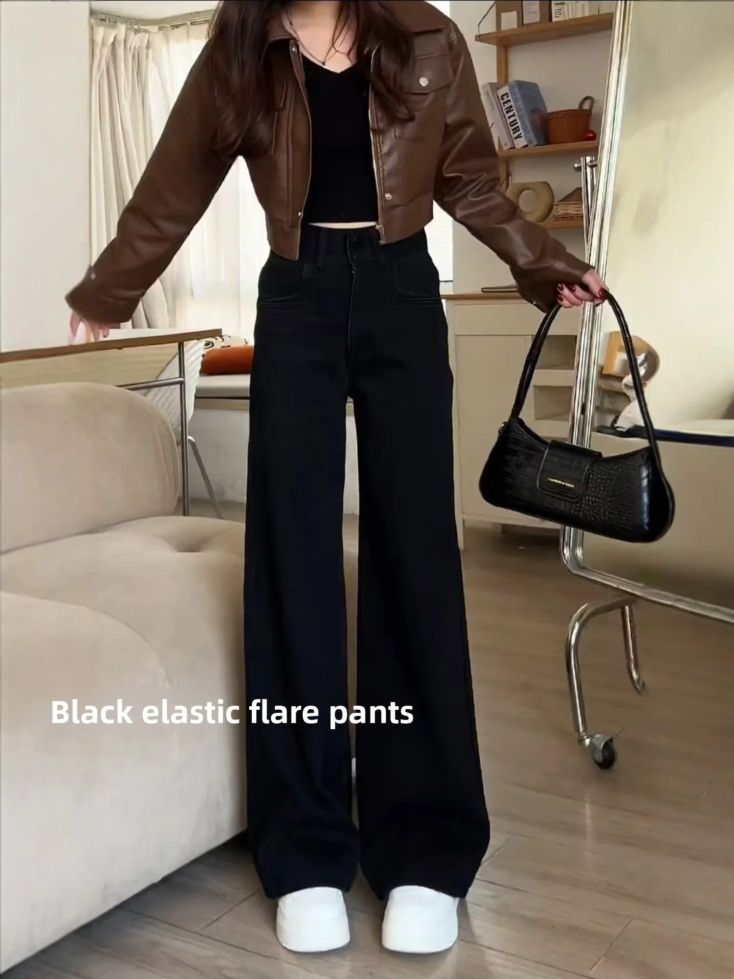 

Black Bell Bottom Jeans Women's Loose Fit High Waist Cotton Stretch Denim Pants Retro Style Casual Wear Four Season Use