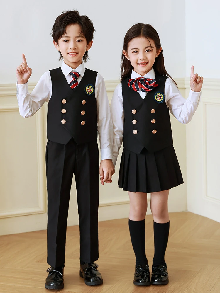 

Spring Autumn Child School Uniforms Suits Boys Girls Performance Chorus Photography Costume Kids Waistcoat Shirts Pants Outft