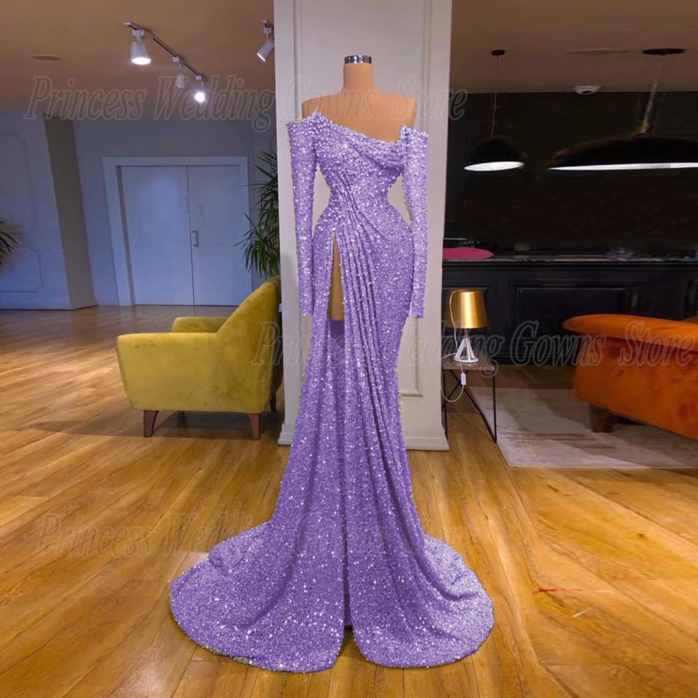 Sprakly Prom Dresses 2022 Luxury Gowns Celebrity Sequin Beading Evening Party With Long Sleevs Pleat Beach Slit Vestido De Noche