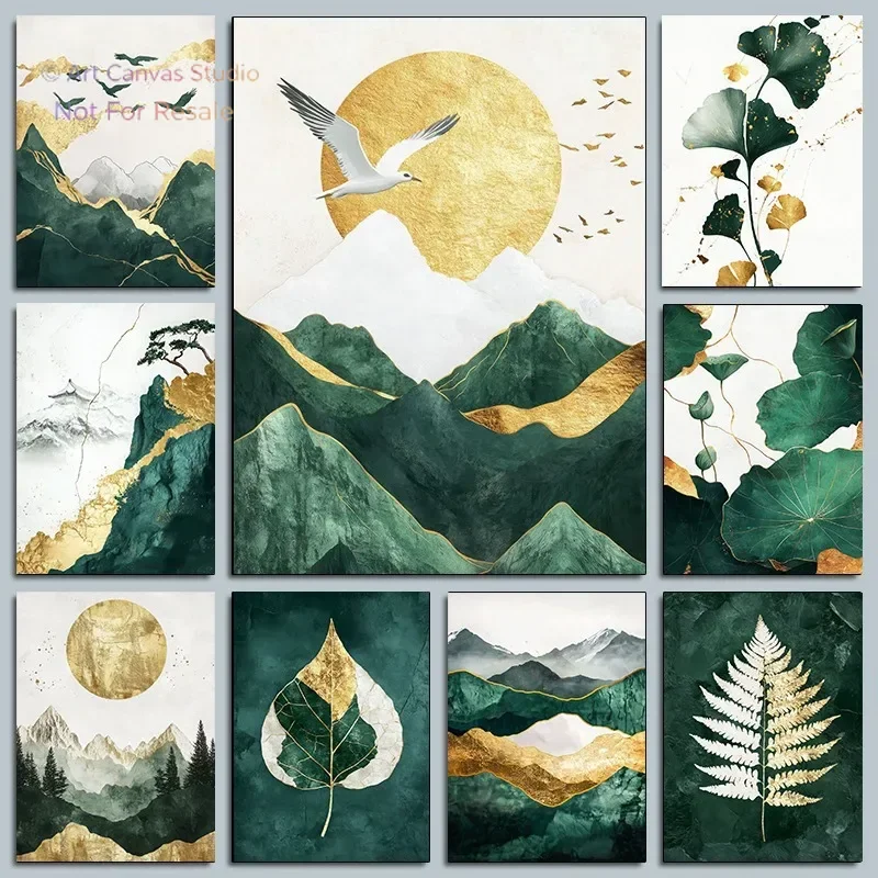 Abstract Ginkgo Leaf and Leaves Kintsugi Poster Nature Mountain Sunset Canvas Painting Print Wall Art for Living Room Home De