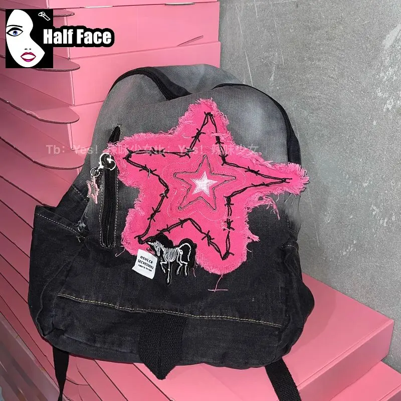 Harajuku feminino picante denim bag feminino, duas bolsas de ombro, bolsa de grande capacidade, gótica, retrô, lavada, doce, legal, estudantes, lolita, punk, Y2K