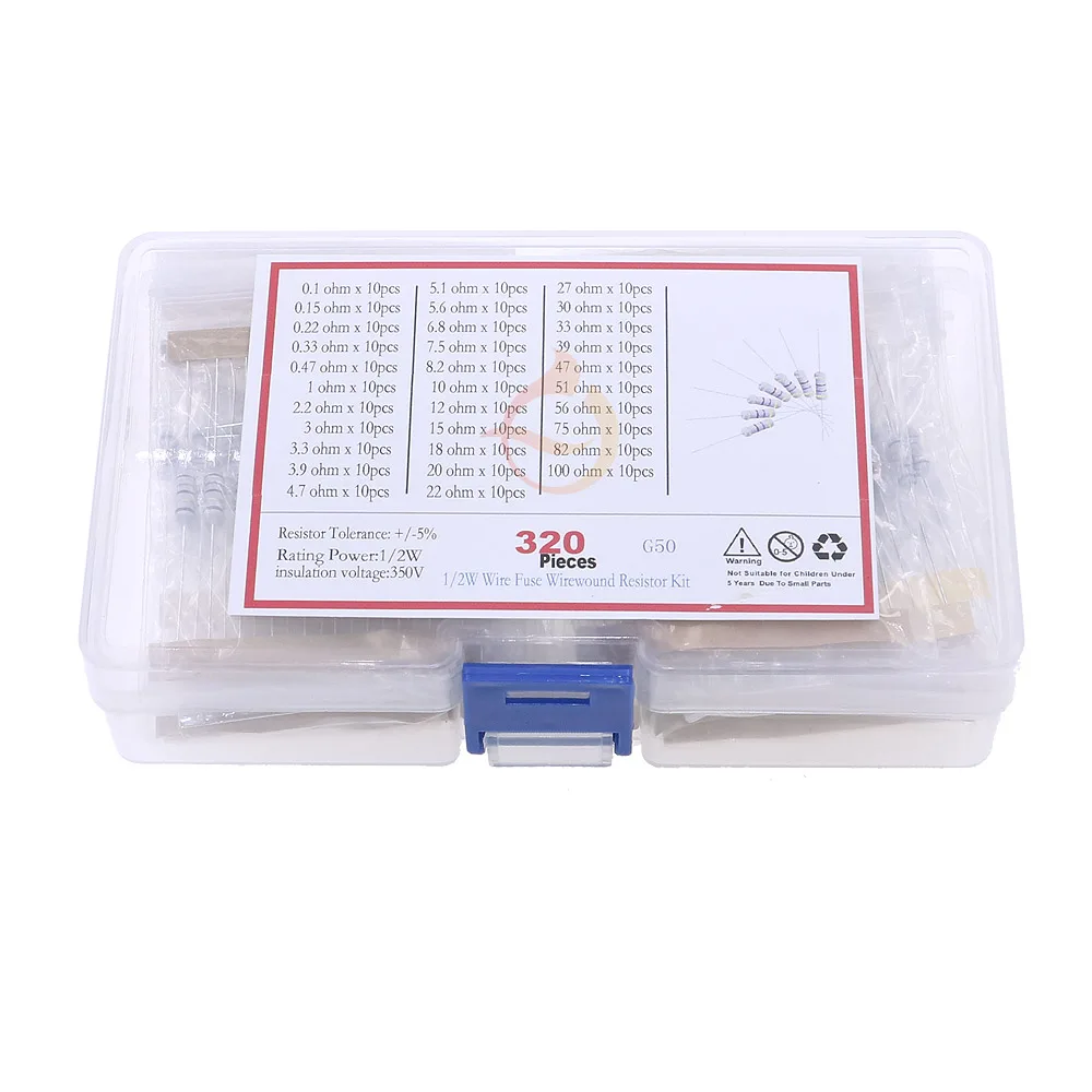 1/2W 1W Fuse Wirewound Resistor Mix kit Box 5color ring 0.1ohm 0.12R 0.15R 0.2R 0.33R 0.39R 0.47R 10ohm 22R 33R 47R 51R 82R 100R