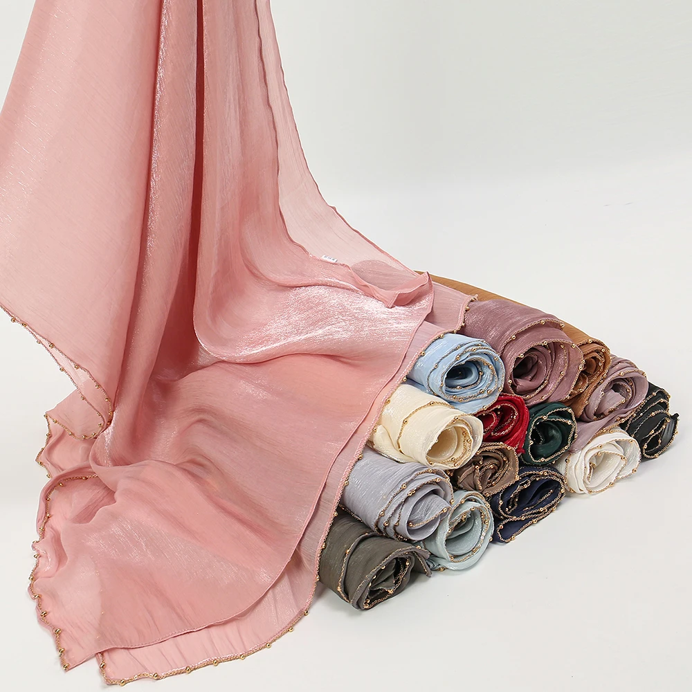 New Beading Silk Crinkle Hijab Scarf Women Shimmer Shawls Plain Muslim Women Hijabs Islam Turban Pleated Scarf Ramadan view 5