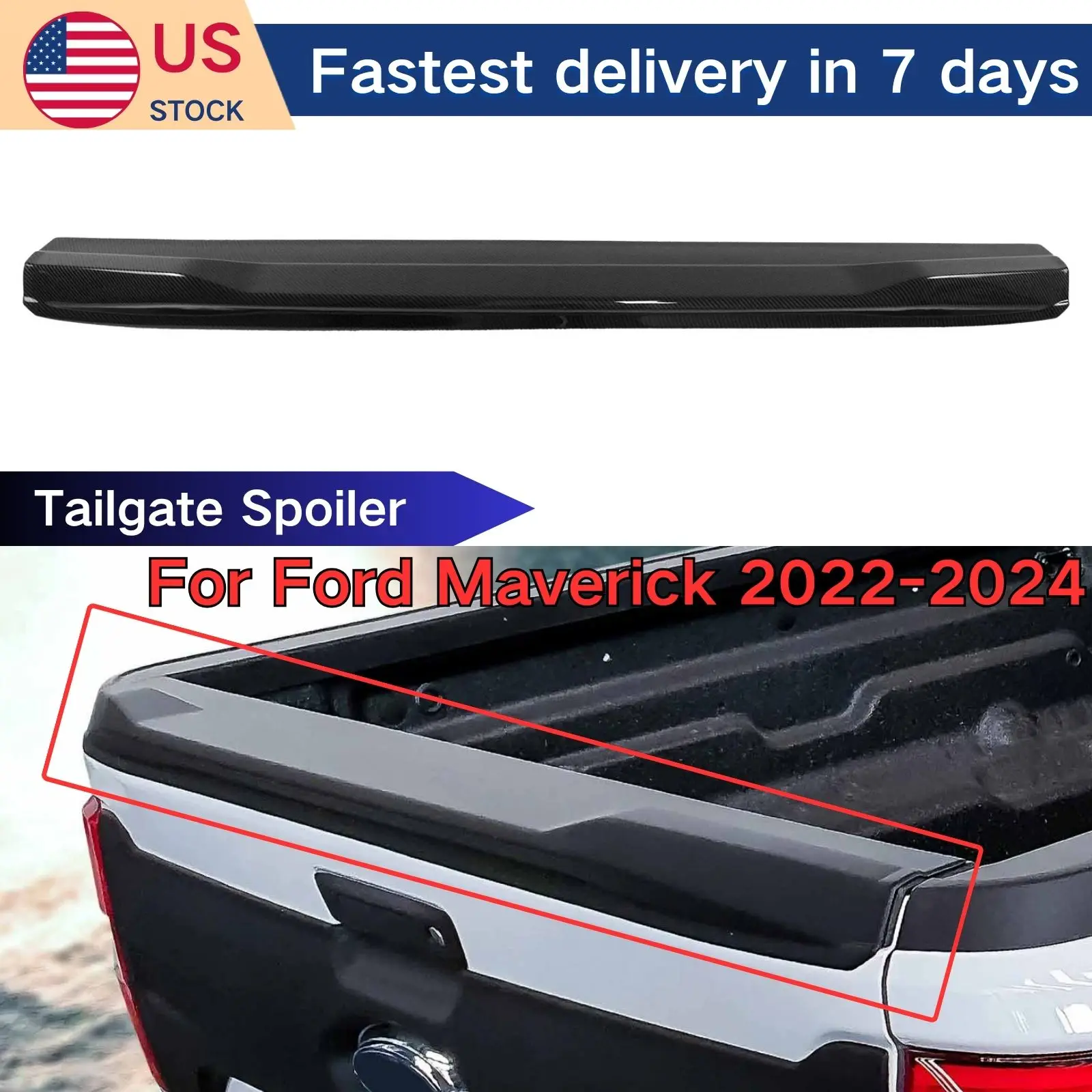 For Ford Maverick 2022 2023 2024 Truck Trunk Tailgate Spoiler Wing 1PCS Car Accessories Body Kit Glossy Black Carbon Fiber Print
