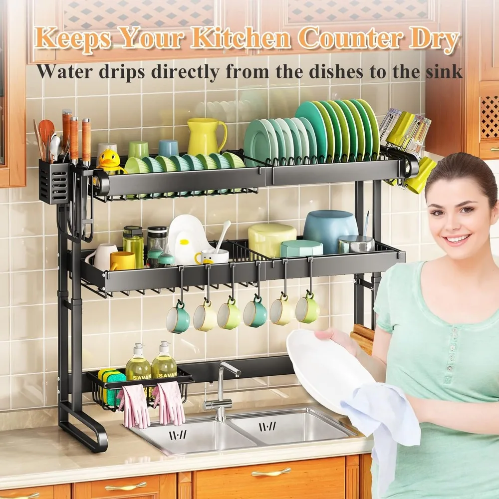 Over The Sink Dish Drainer Drying Rack, 3 Tier Adjustable (18.9" to 33.5") Kitchen Dish Rack Over Sink, Large Dish Drainer with