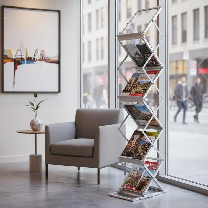 Présentoir à brochures en alliage d'aluminium pliable, porte-brochures sur pied, 6 compartiments A4, portable, capacité 2 kg, avec sac porte-revues pour magazines, journaux, foires, expositions, 26x36x152 cm