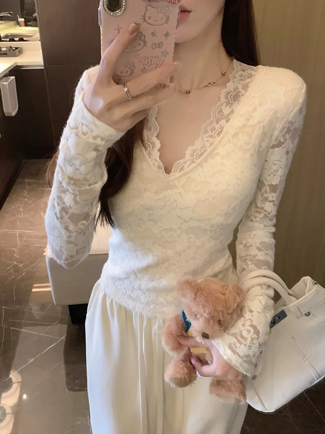 

Sexy Lace Base Shirt Women's Fur Inner Wear High-End Short Style Unique Exquisite Autumn Winter Pad-Breasted Top