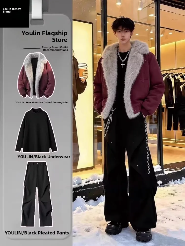 

Cool Men's Cotton Jaet Coat with Fur Collar Thiened ort Sle Spring Set Casual Sports Wear for Teenagers