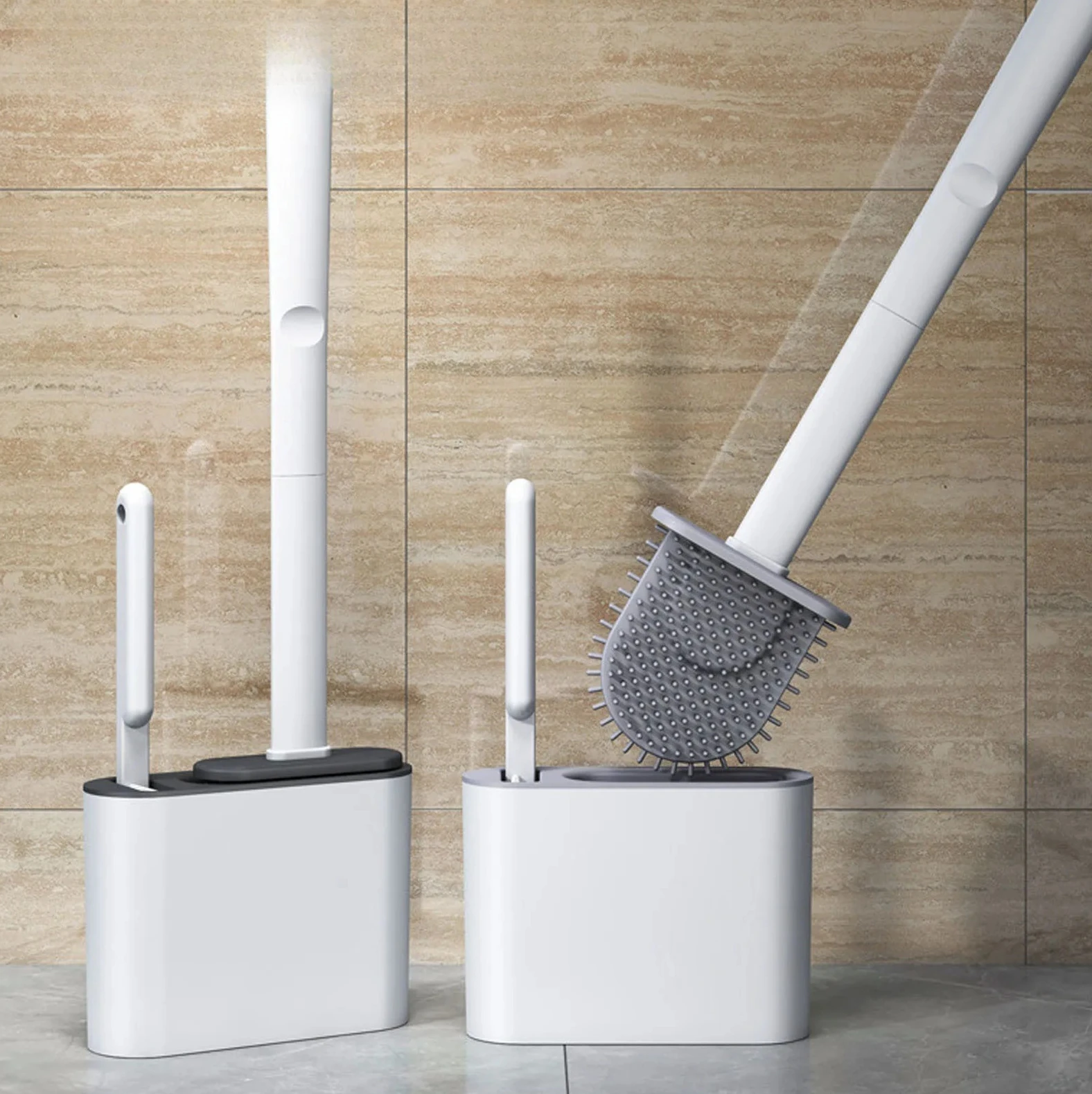 Bathroom Accessories Wall Hanging Toilet Brush with Holder Long Handled Silicone Toilet Brush Soft Bristles WC Cleaning Brush