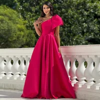 Vestidos de Noche elegantes de satén rosa intenso con un hombro y lazo, vestidos de invitados de boda para mujer, vestido de fiesta Formal sencillo largo 2025