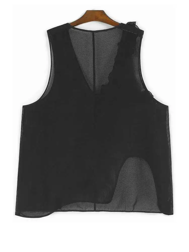 ZMEENNA Débardeur en maille noire pour femme avec détail à volants col en V sans manches transparent décontracté mode d'été gilet tendance ZM3243