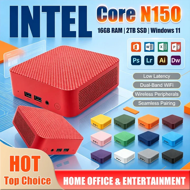 Powerful Intel Core N150 Multi-Color Optional Gaming Mini Desktop PC 4K Windows 11 16GB RAM 1/2TB SSD WIFI6 BT5.2