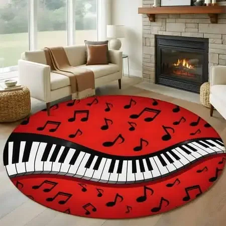 Round Printed Rug Red Piano Music Note 80x80cm for Study Bedroom Living Room