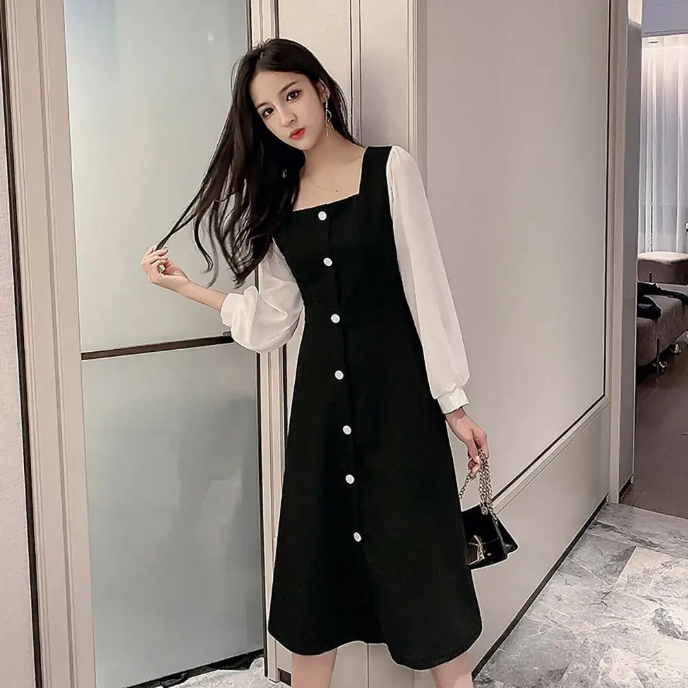 Spring Dress Elegant Square Neck Midi Dress with Button Decor Mesh Patchwork A-line Loose Fit Solid Color Women\'s for Spring