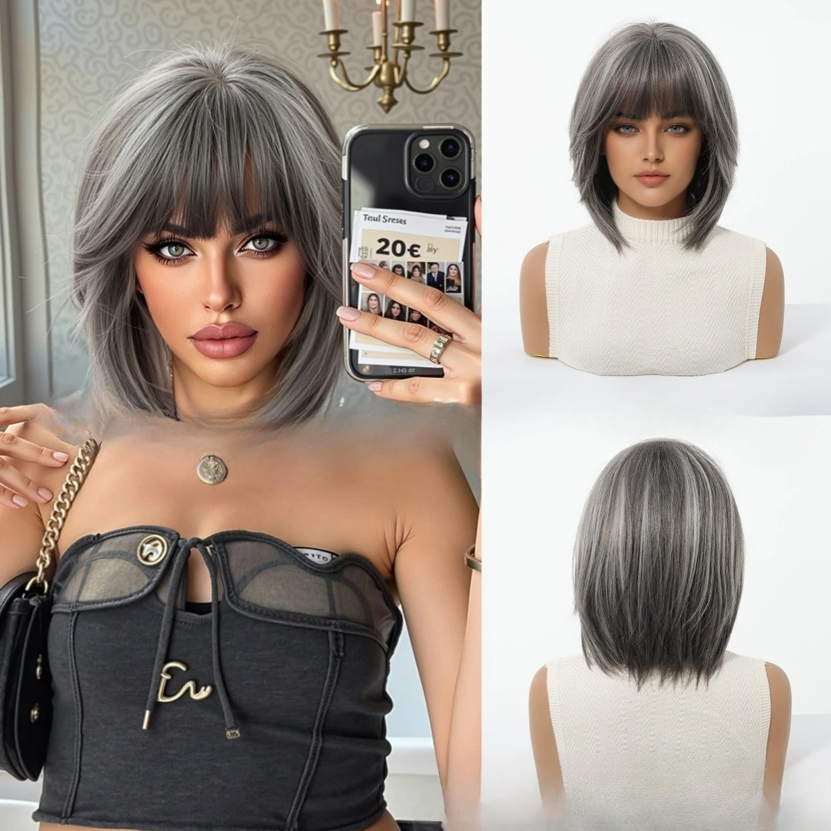 

Gray brown new wig Qi bangs highlights wigs short straight hair Bobo head