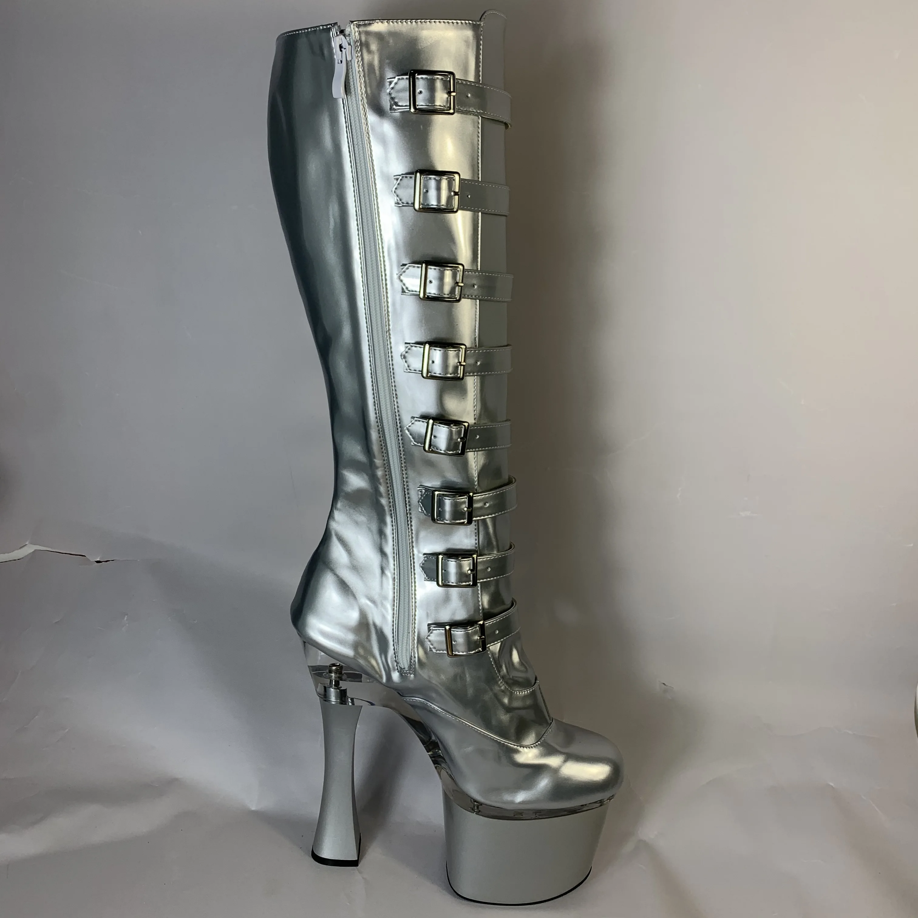 Silver 18cm high heel knee-high boots, buckle side zipper opening, round toe fashion Gothic tall gladiator mid-calf dance shoes