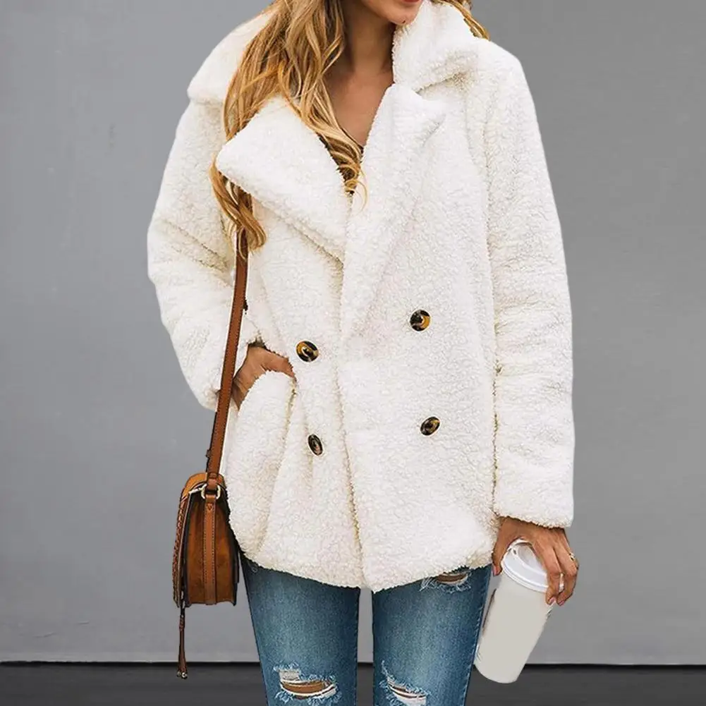 

Women Solid Color Coat Long Sleeve Women Coat Stylish Women's Winter Coats Lapel Double-breasted Overcoat Plush Puffy Jacket