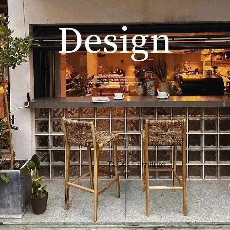 

Стулья Стул из цельного дерева в стиле ретро, барный стул со спинкой, скандинавский кухонный остров, дизайнерский обеденный домашний высокий табурет из ротанга, европейская барная мебель