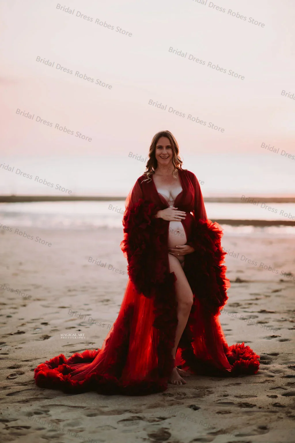 

Red Organza Women Maternity Dresses for Photo Shoot Sexy V Neck Full Sleeves Robe Tiered Tulle Prom Wedding Pregnant Custom Made