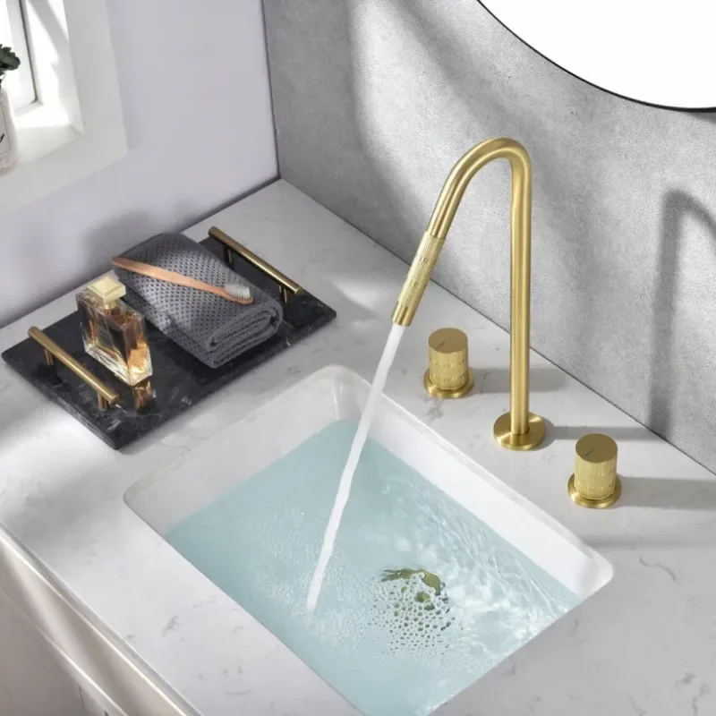 Bathroom Widespead Basin Faucet Brush Gold Total Brass Tap luxury Basin Hot And Cold Mixer  Sink Faucet Shower Room