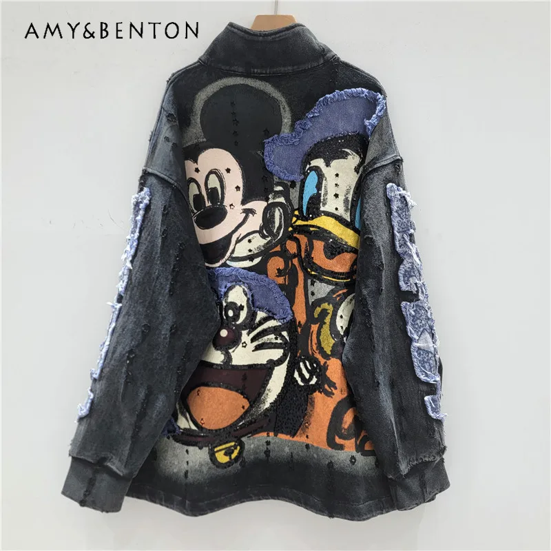 Autumn Loose Mid-Length Cartoon Top Heavy Industry Stand Collar Vintage Distressed Sweatshirt Jacket Long Sleeves Zipper Coat