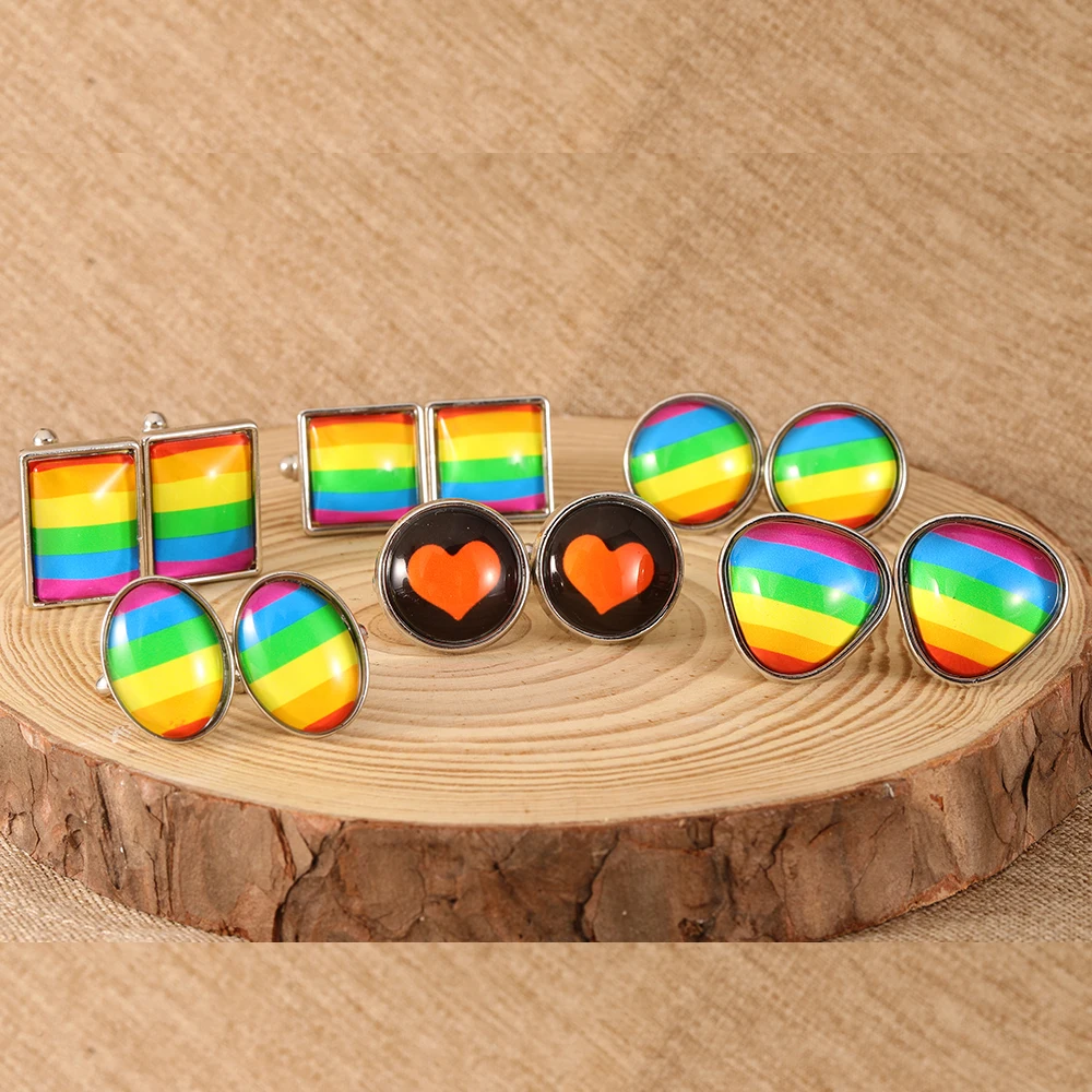5 أشكال للرجال كابوشون زجاج قوس قزح صورة فنية أزرار أكمام LGBTQ زر كم نمط القلب الأحمر