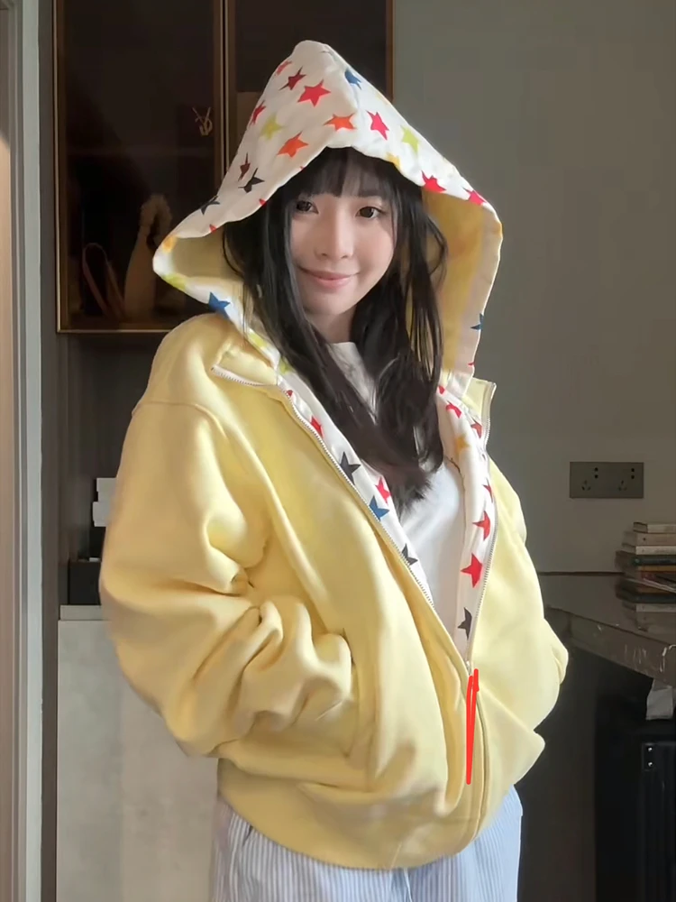 

American Retro Star Spliced Hoodie Women's Autumn Winter Thiened Fce Loose Open Cardigan Outerwear