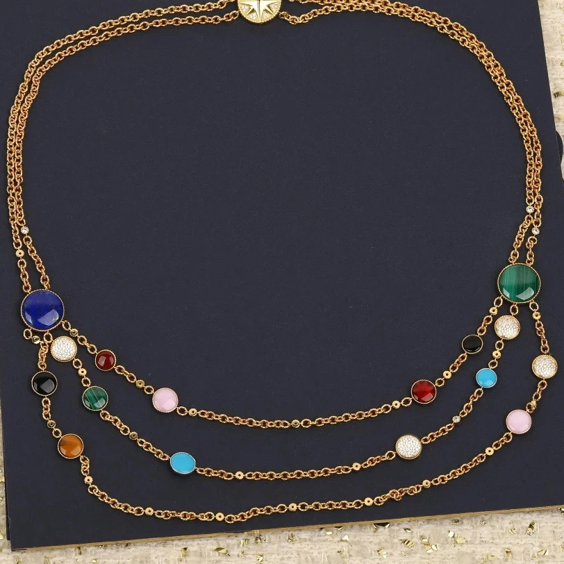 

Top Quality Colored Natural Stone Full Diamond Double Layer Luxury Star Gold Necklace Woman Gorgeous Jewelry