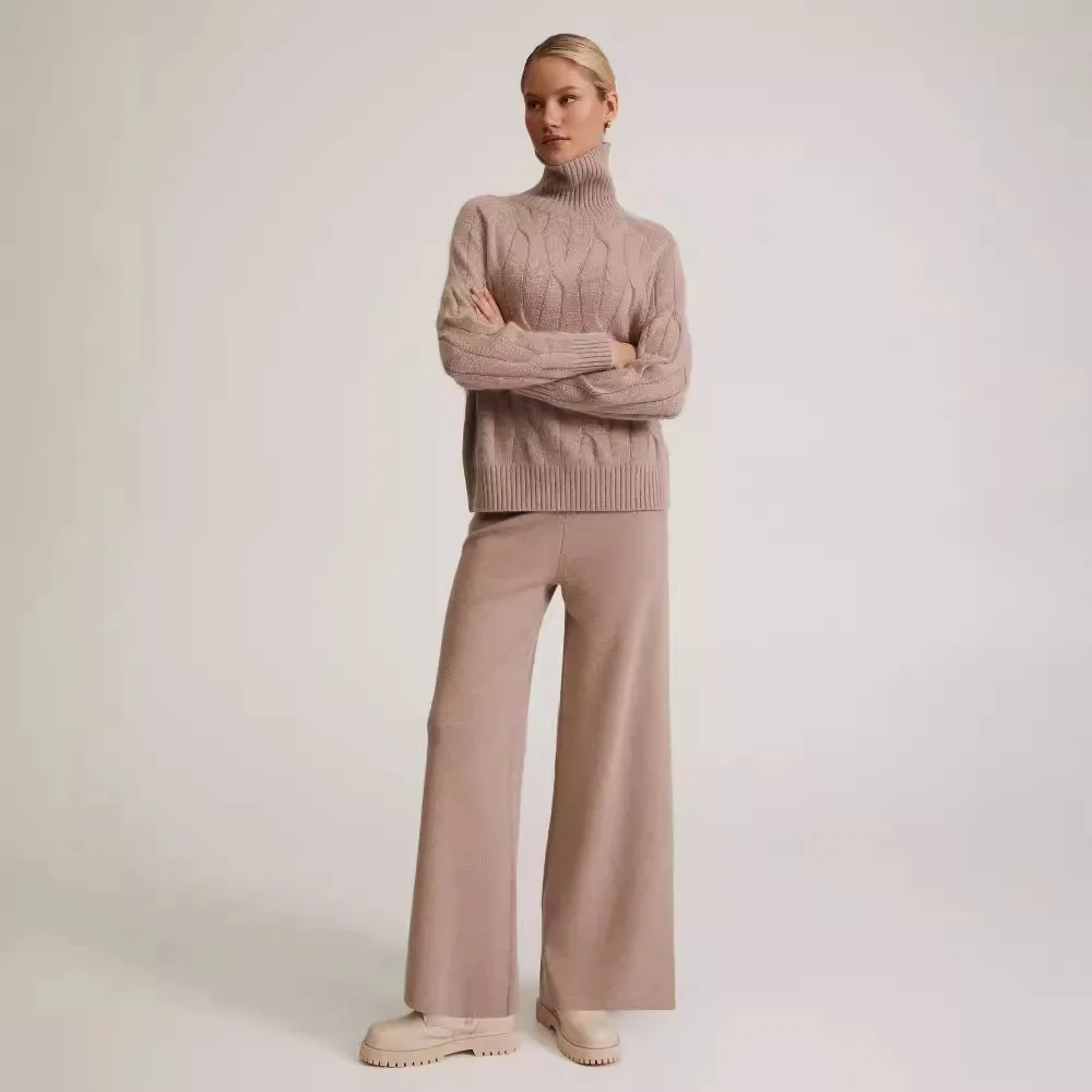 Autumn and Winter Solid Color Casual Knitting Two-piece Set, Women\'s New Fashion Turtleneck Sweater + Wide-leg Pants Loose Suit