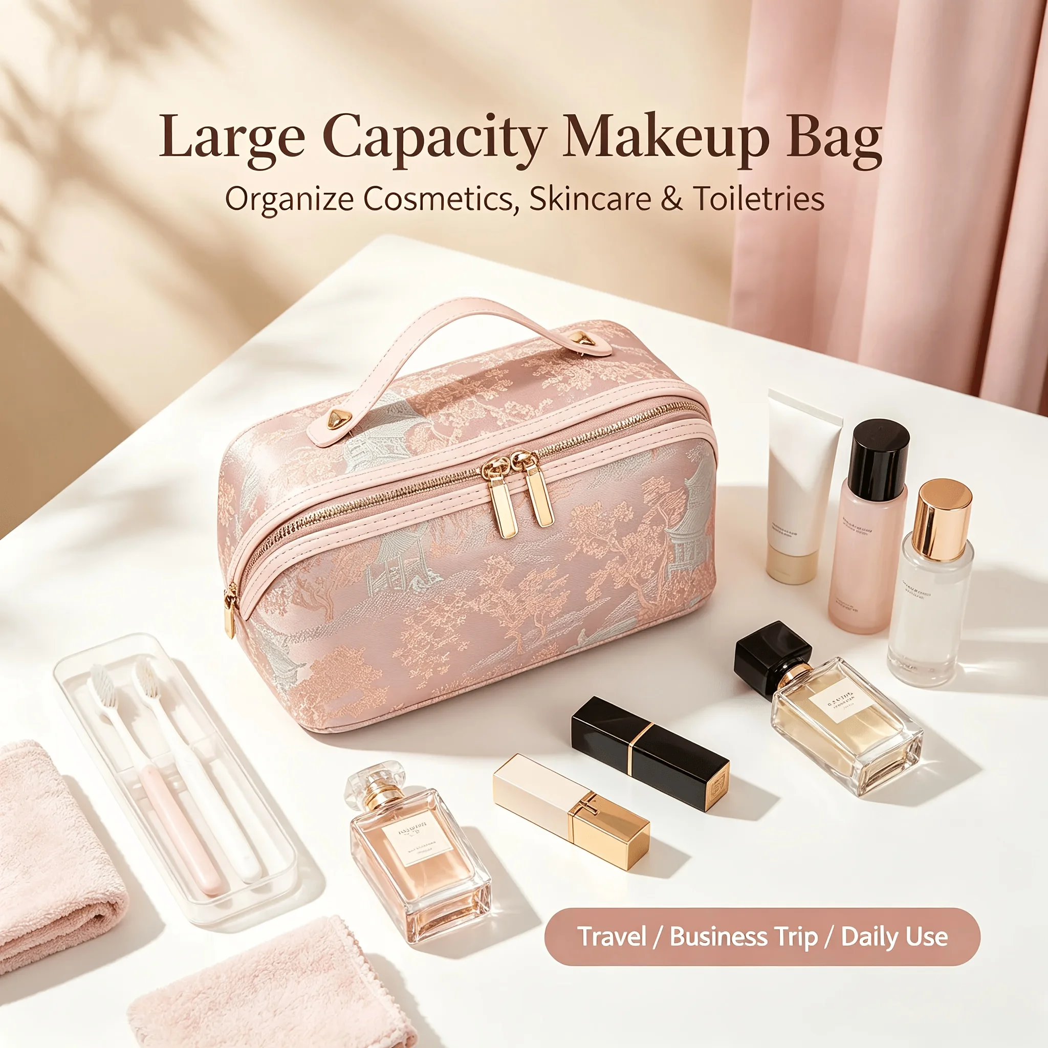 Lightweight Retro Makeup and Travel Storage Bag with Top and Zipper Closure - Large Capacity Makeup Bag, Suitable for Daily Use, Travel, and Outings - Portable Makeup Bag