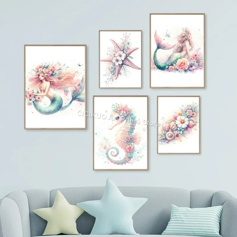 

Under the Sea Floral Seahorse Shell Starfish Mermaid Wall Art Canvas Painting Nordic Posters Prints Pictures Kids Bedroom Decor