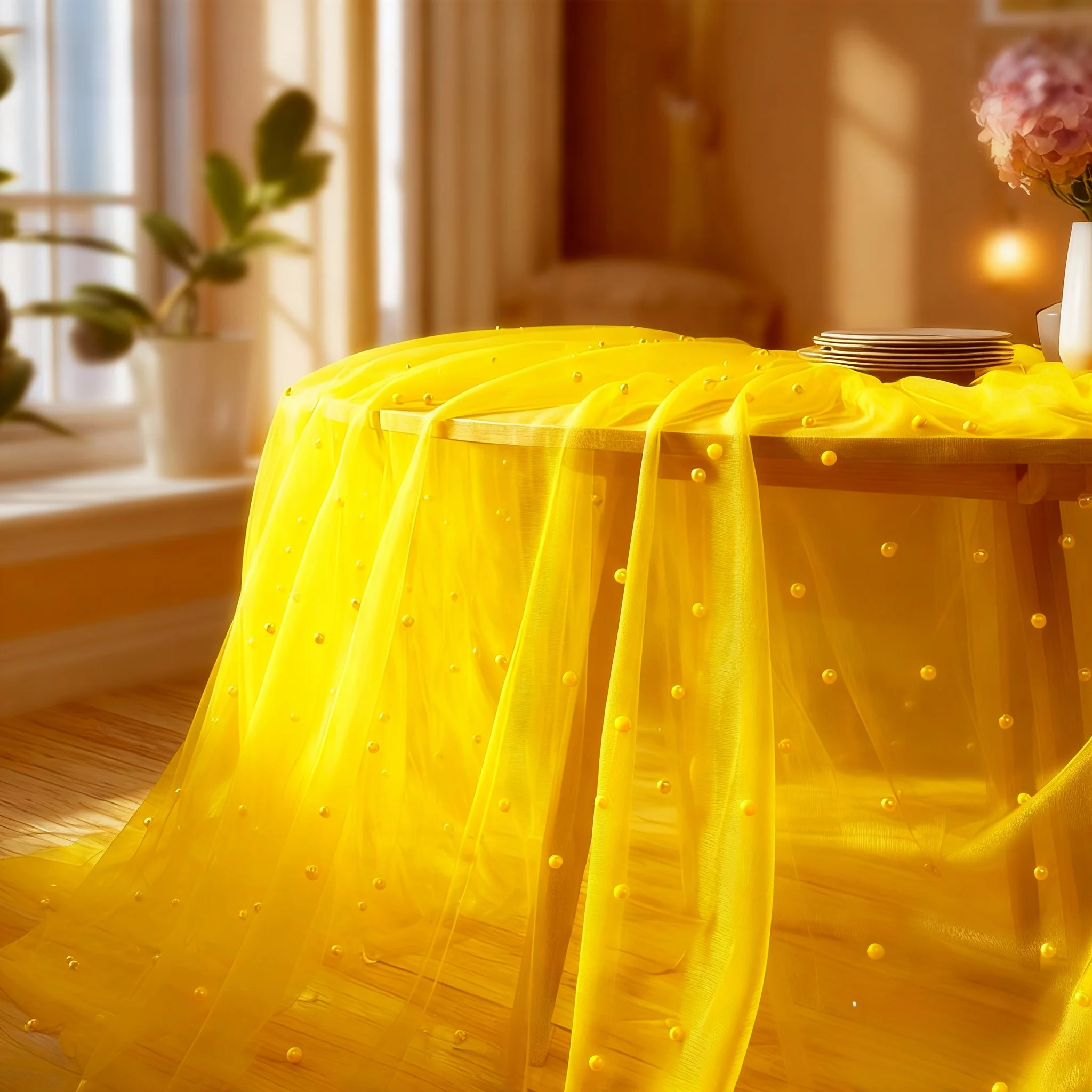 One elegant yellow pearl tulle tablecloth, suitable for wedding tables and dessert tables, perfect for festive decorations.