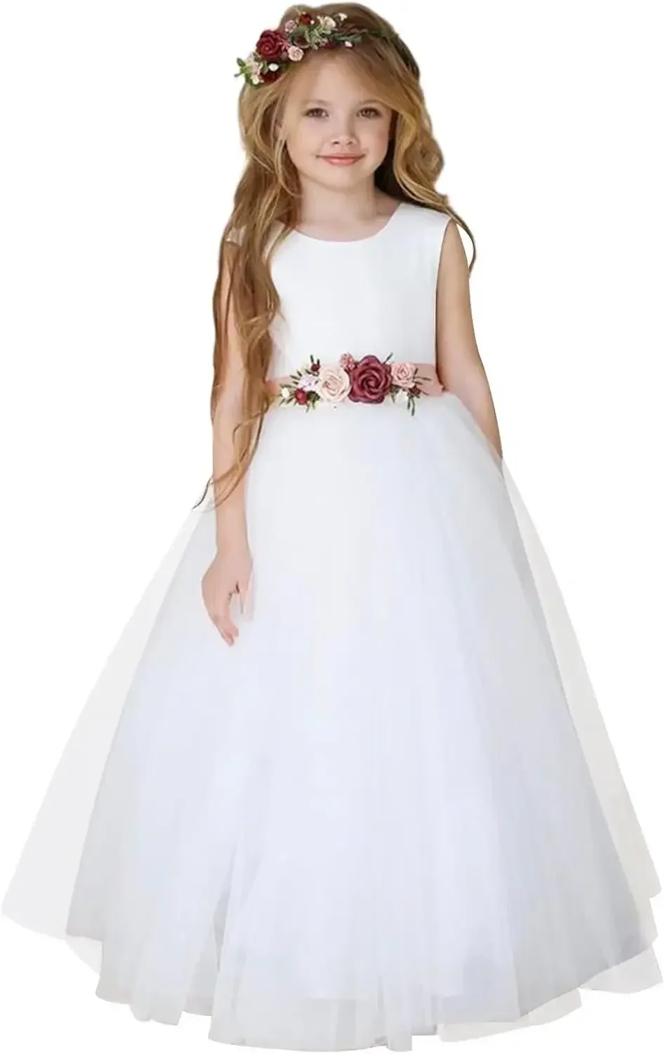 Tule princesa pageant vestido com arco longo uma linha vestidos de baile de baile meninas vestido de festa vestidos da menina de flor para casamento cetim