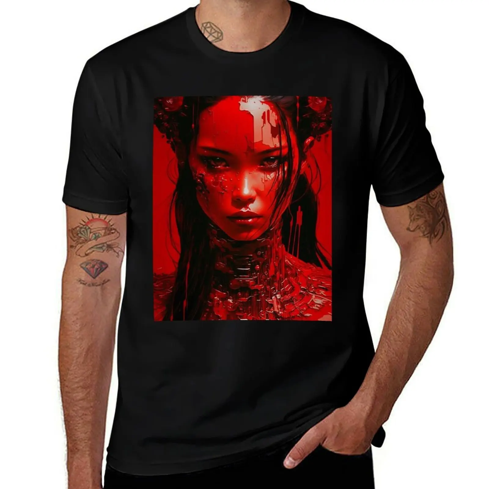 Dark Robot Girl T-Shirt Basic Plain Short Sleeve Crew Neck Tee T-Shirt