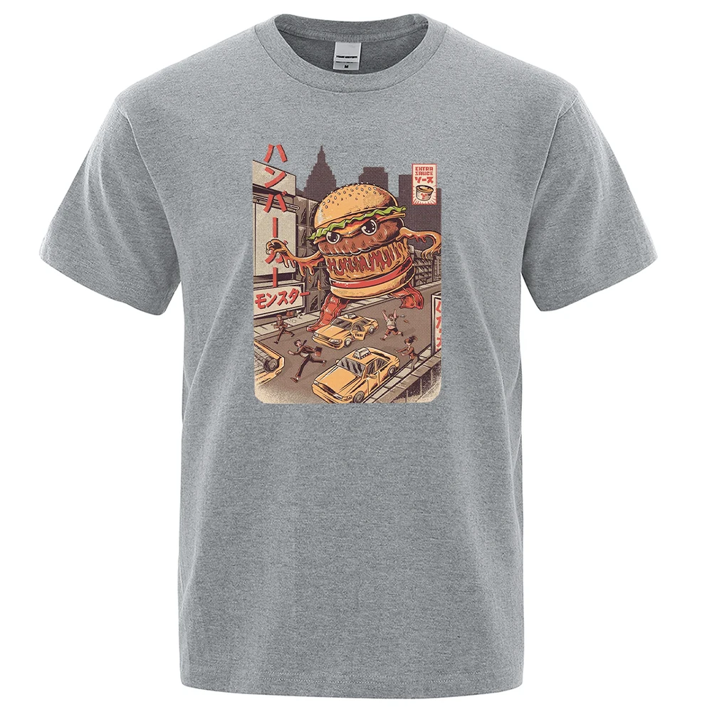 Ukiyo E Japan Style Burgerzilla Prints T-Shirts Manscasual Soft Tshirts Fashion Oversize Clothing Streetwear Loose Men Tshirts