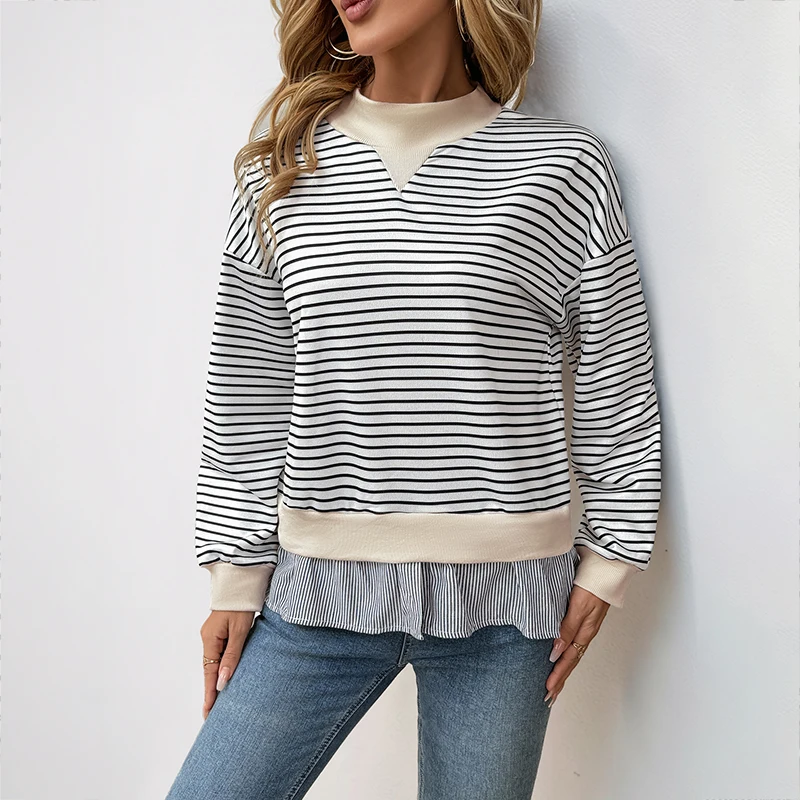 

Women's Black White Striped Fake Two-Piece Sweatshirt Loose Versatile Casual Date Commuter Top with Layered Shirttail Hem