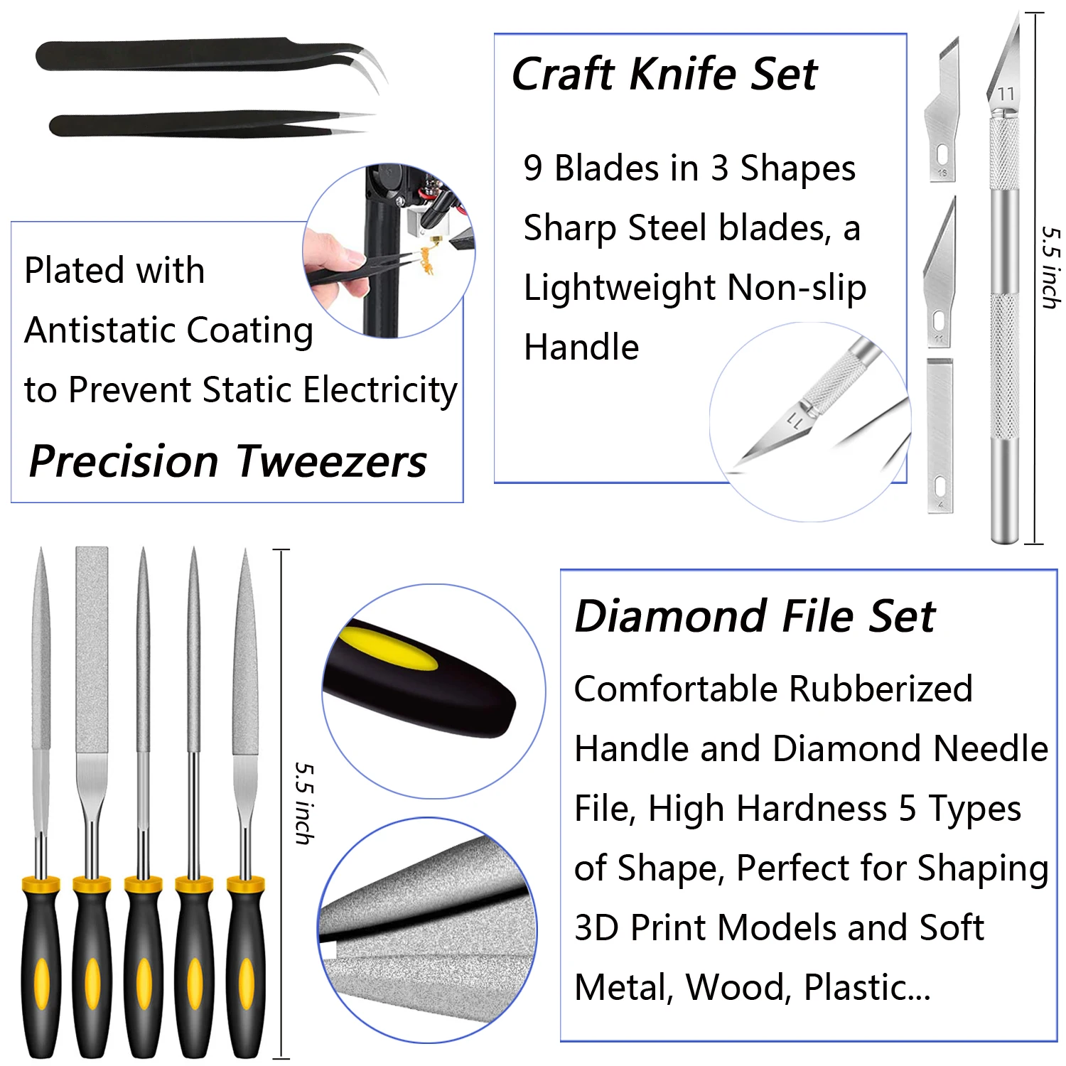 Resin 3D Printing Tool Kit Removal Tool Includes Silicone Pad, Tweezers, Files Set, Scrapers  for 3D Print Cleaning Finishing