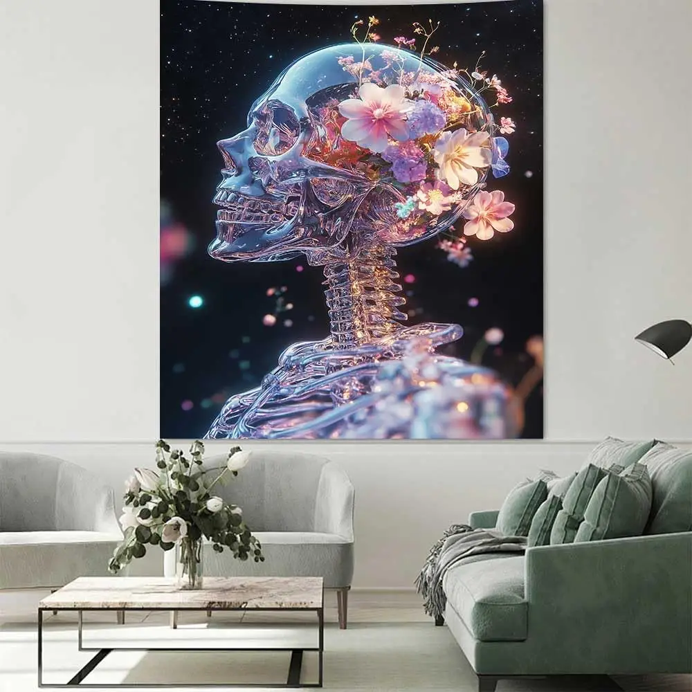 Aesthetic Skull Tapestries Flower Skeleton Wall Art Goth Love Tapestry Vertical Tapestry for Bedroom Living Room Dorm Decor