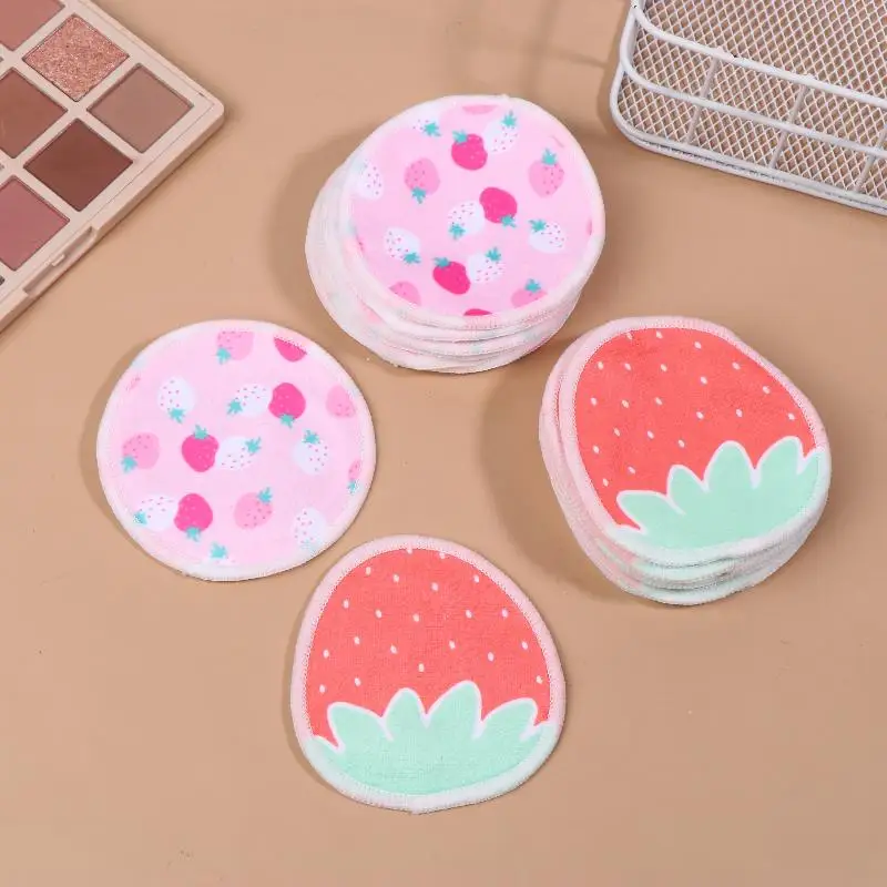10Pcs Makeup Remover Pads Washable Double-Layer Strawberry Print Cleaning Cotton Reusable Facial Make Up Removal Pads Tool