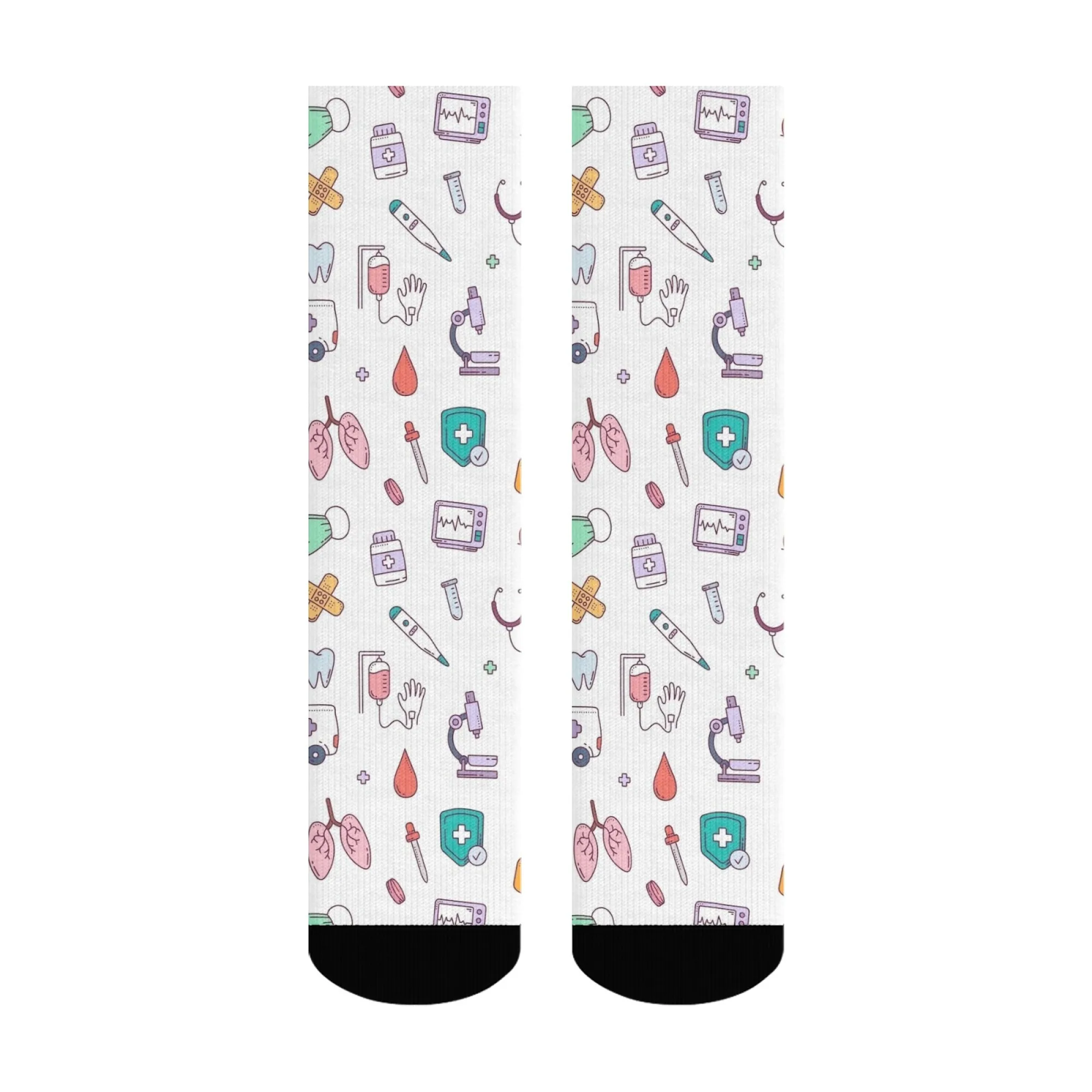 Medical-Themed Cartoon Pattern Print Men Crew Socks Cute & Professional Design for Medical Workers & Enthusiasts Ideal Gift