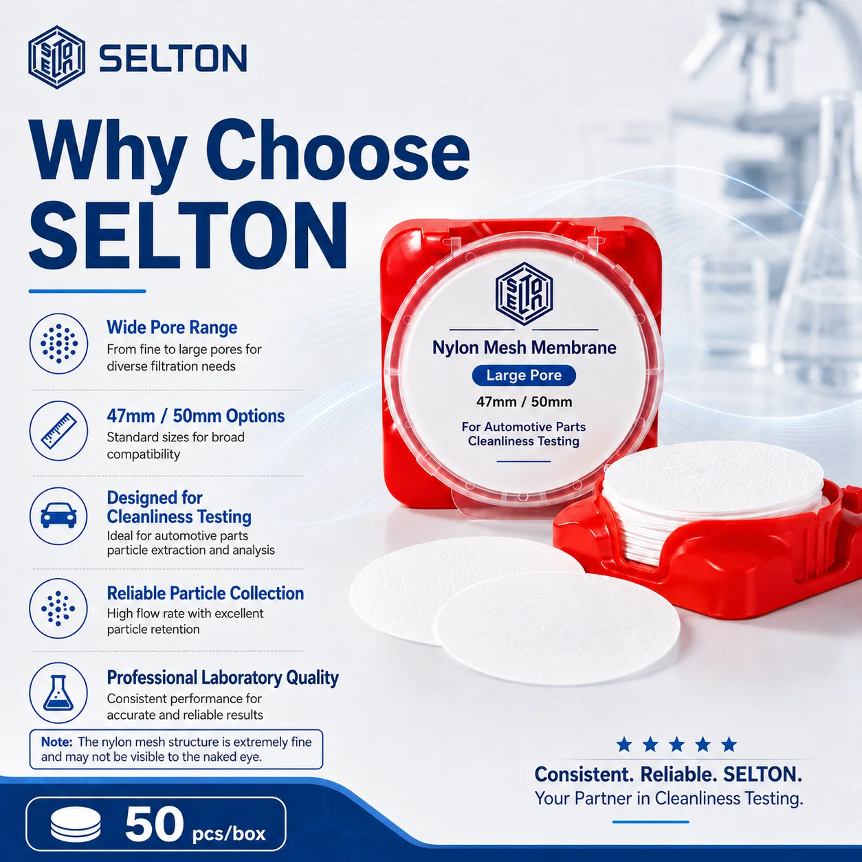 Selton Nylon Mesh Membrane Filter 47/50mm 5-100um Large Pore for Automotive Cleanliness Testing 50pcs/Box
