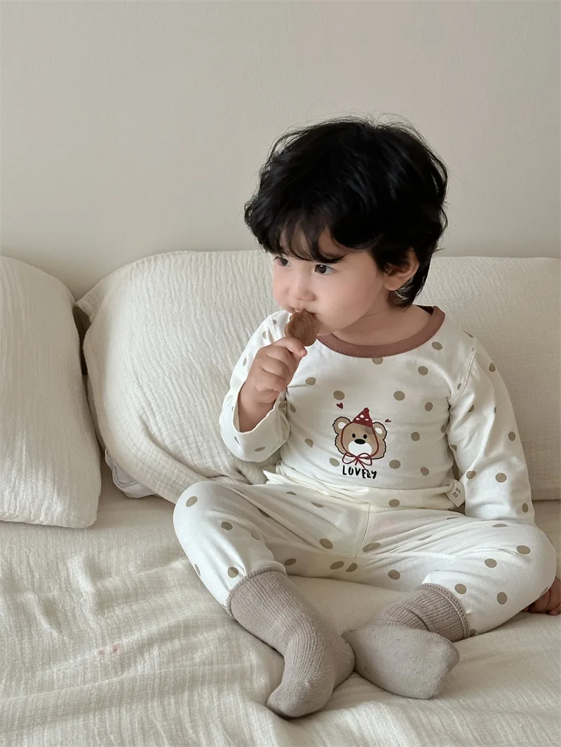 

2024 Autumn New Baby Home Clothes Set Infant Boys Cartoon Bear Dot Print 2pcs Suit Cotton Toddler Long Sleeve Pajamas Outfits