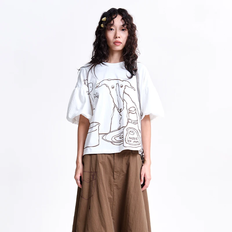 MOVEUP 2026 Spring New Arrival Short-Sleeve T-Shirt Round Neck Cartoon Print Design Puff Sleeve Top Casual  T-Shirt 3ELC11401