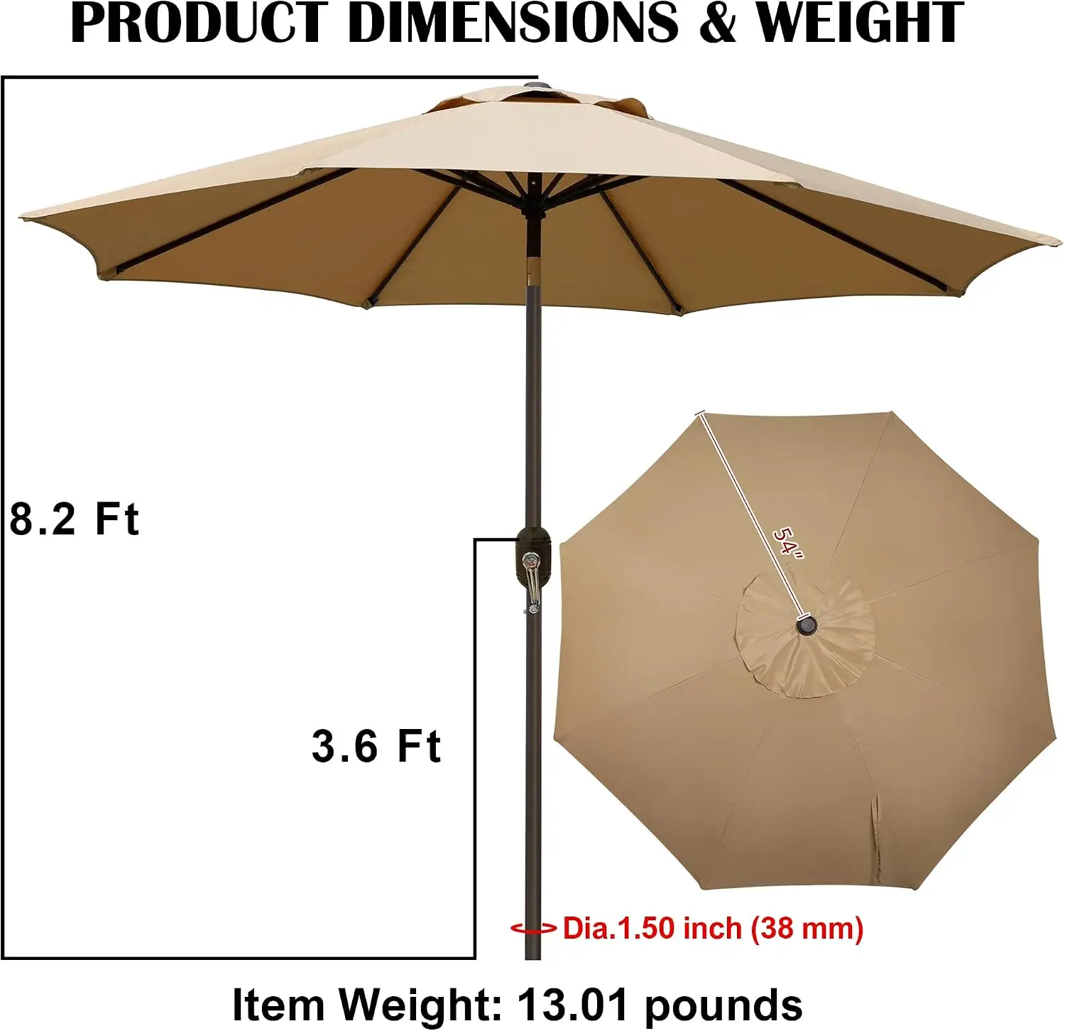 Outdoor Terrace Umbrella, Outdoor Table Umbrella, Courtyard Umbrella, Market Umbrella with 8 Sturdy Ribs, Button Tilt and Crank