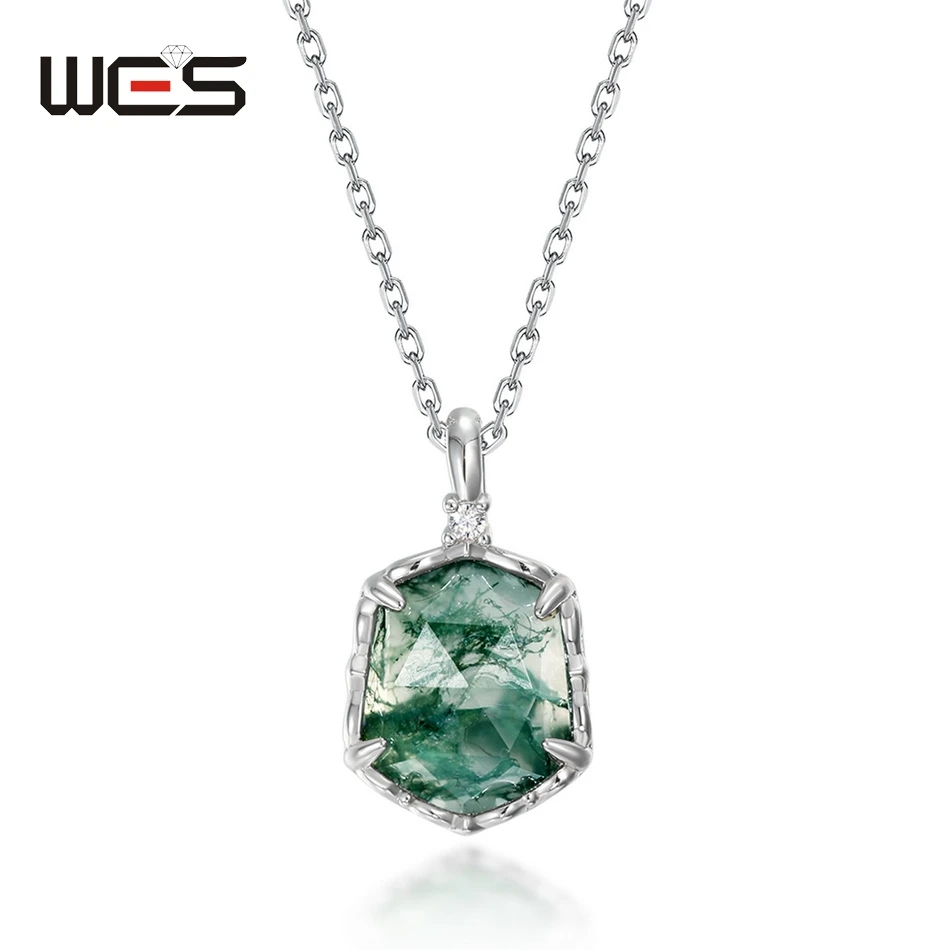 

WES Geometric Natural 8*10mm Moss Agate Pendant Necklace for Woman Gemstone Wedding Party Gifts Wholesale Rhodium Plated