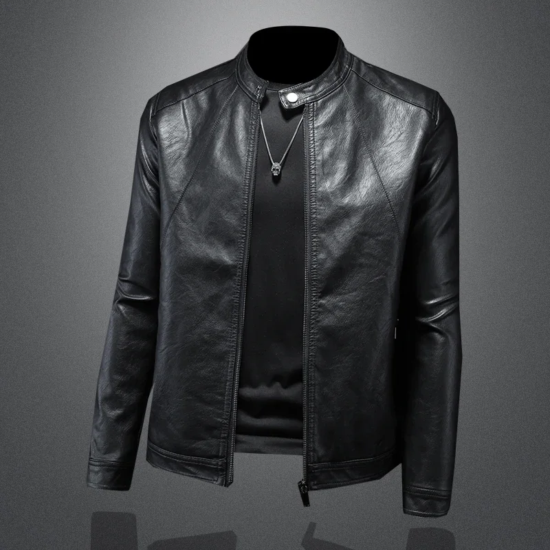 2024 Autumn and Winter New Fashion Handsome with Solid Color Men Stand Collar Motorcycle Leather Coat Slim Fashion   M-5XL