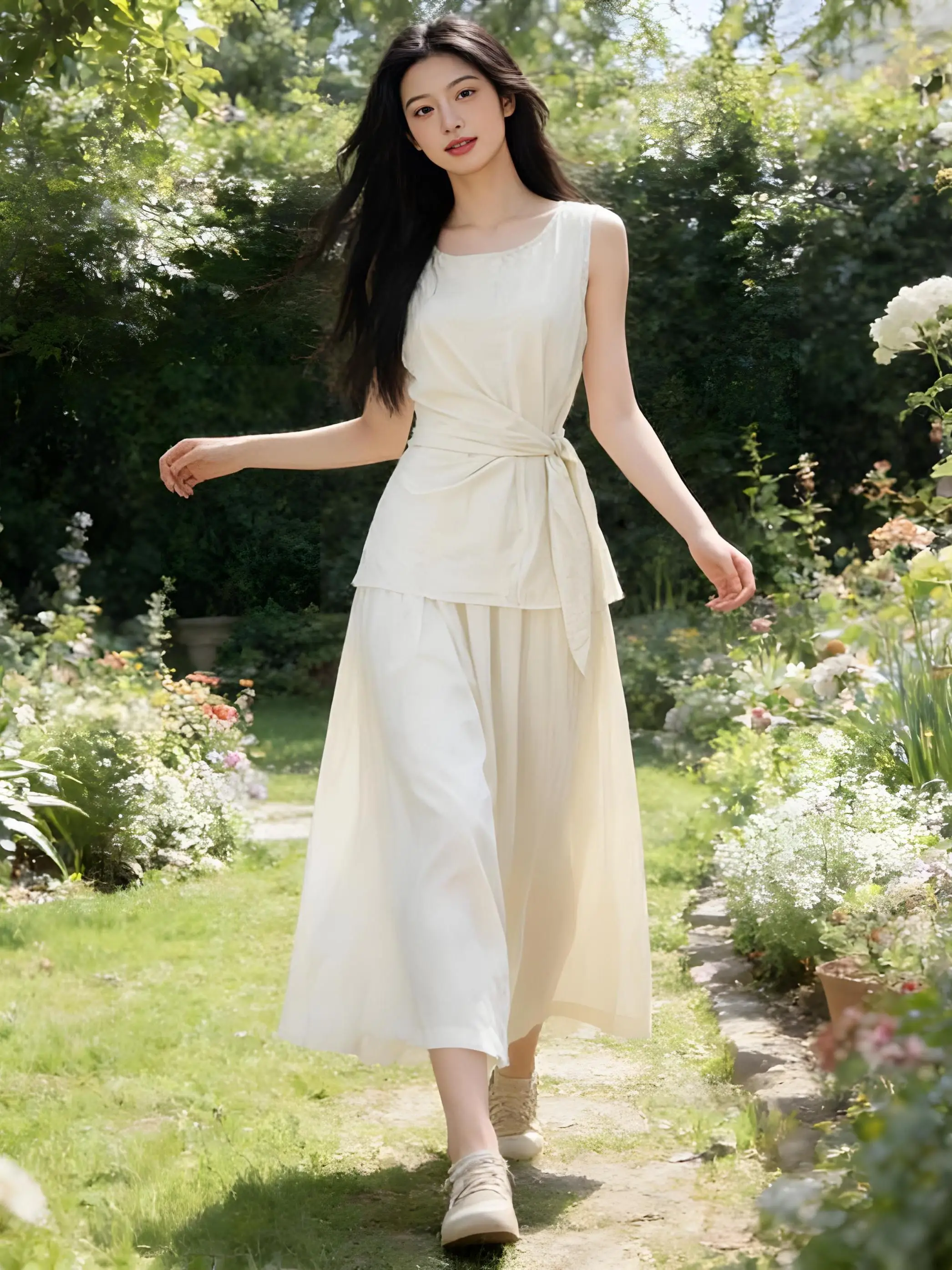 

Летний модный комплект: облегающий топ без рукавов с круглым вырезом и короткая юбка. Дышащий женский костюм.