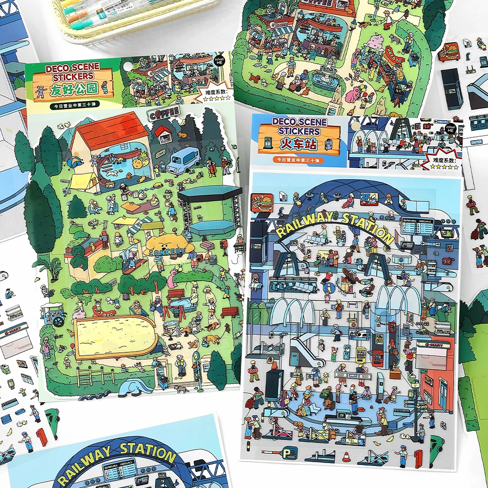 3 Blatt/Beutel PET 2.5D Übergroße Landschaftsaufkleber für Dekompression, Collage, Dekoration, Büro, Schreibwaren, Aufkleber, Desktop-Tagebuch